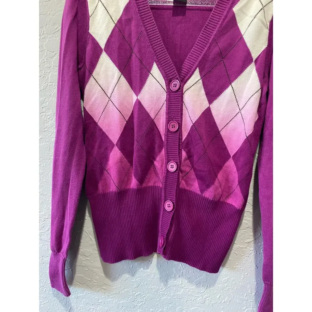 Vinatge New York & Company Purple Argyle Cardigan XS Academia Preppy Goth